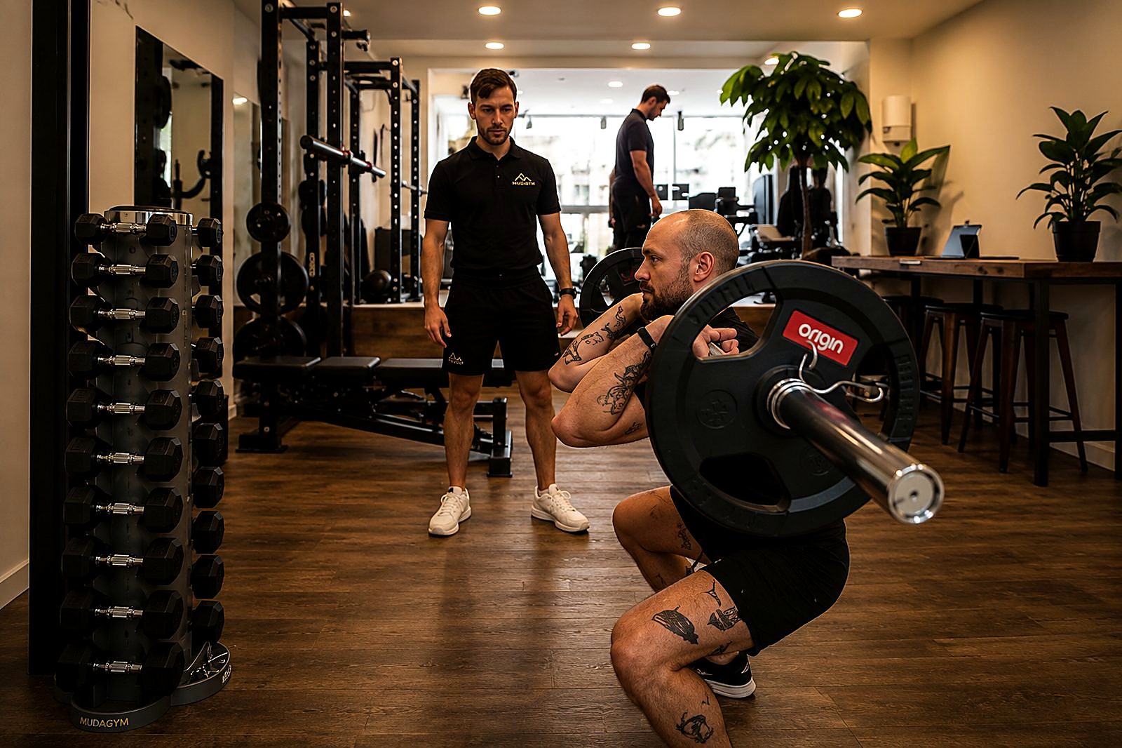 MudaGym coach guiding a client through a front squat in the Amsterdam studio